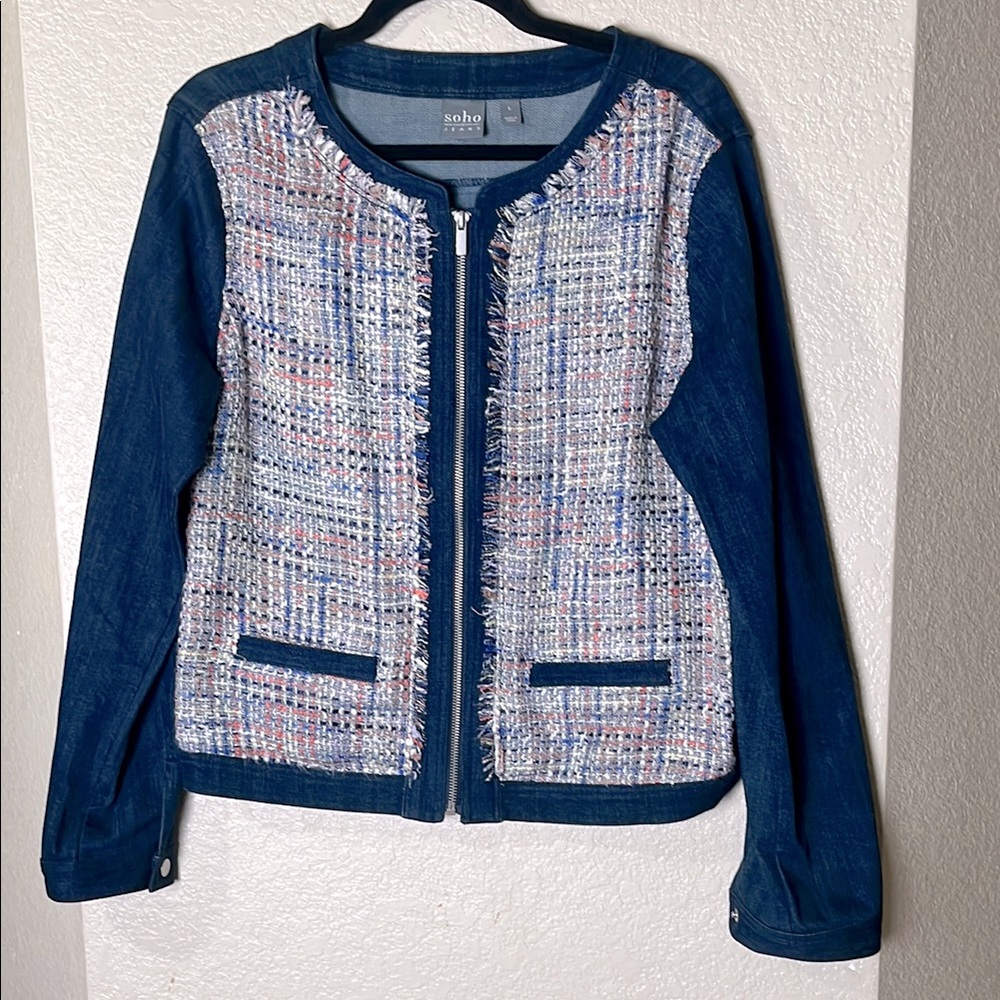 SOHO Navy Mixed-Tweed Zip Front Jacket Women's Size L